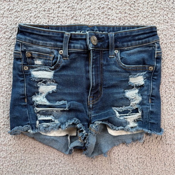 American Eagle Outfitters Pants - American Eagle Denim Shorts Hi-Rise Shortie 00 Distressed Dark Wash Frayed Hem